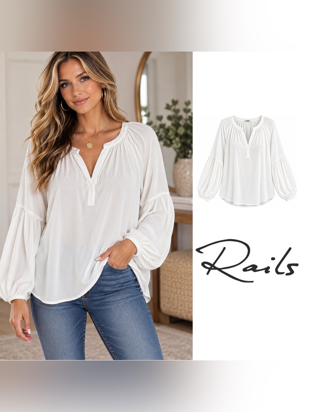 NEW Rails White V-Neck Peasant Tunic Blouse